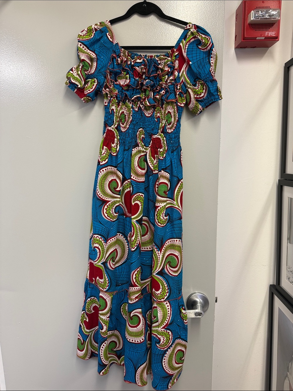 Turquoise Multicolor Smocked Maxi Dress with Puff Sleeves